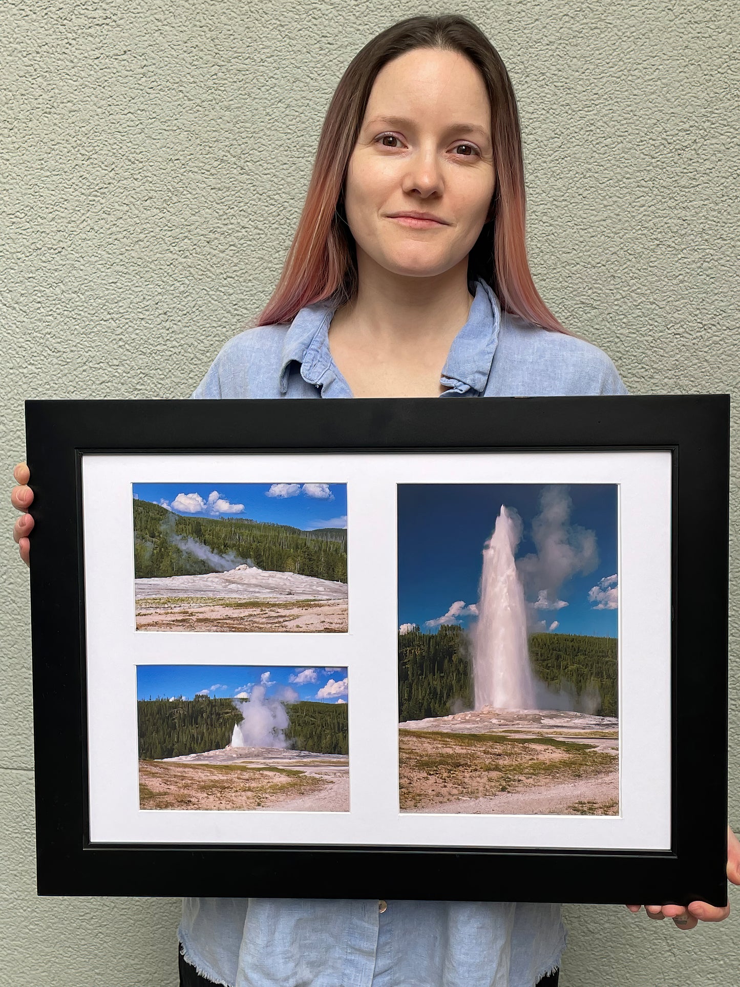 Old Faithful Geyser Photo Montage – Framed Yellowstone National Park Landscape Art Print – Scenic Nature Photography