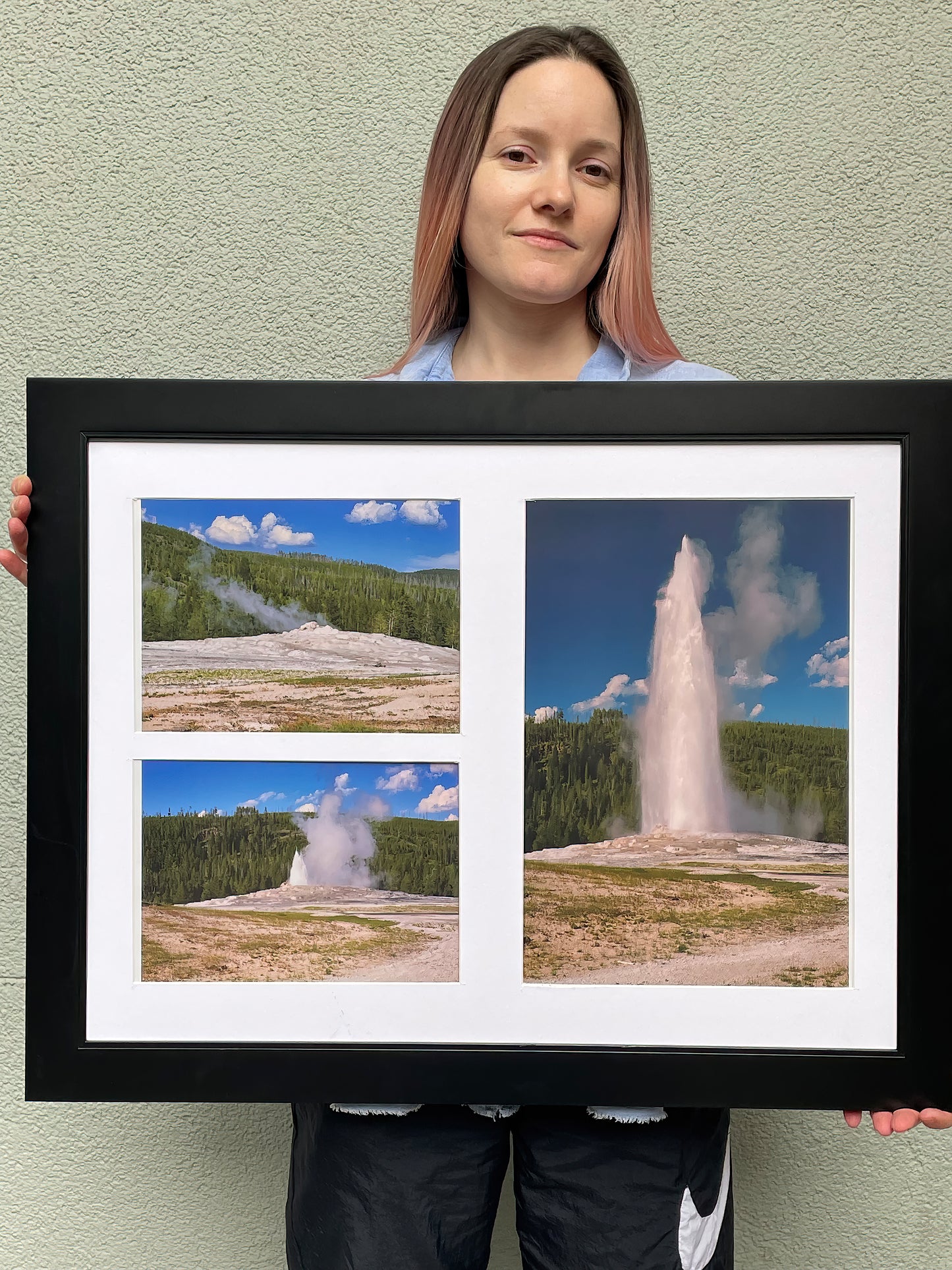 Old Faithful Geyser Photo Montage – Framed Yellowstone National Park Landscape Art Print – Scenic Nature Photography