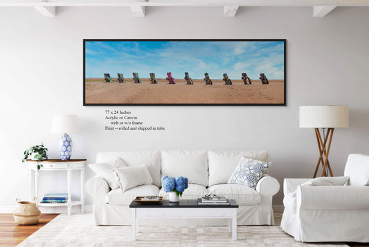 Panoramic Photograph of Cadillac Ranch – Iconic Roadside Attraction in Amarillo, Texas Landmark, Route 66 Art